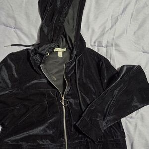 Dark Blue Cropped Velvet Hooded Jacket